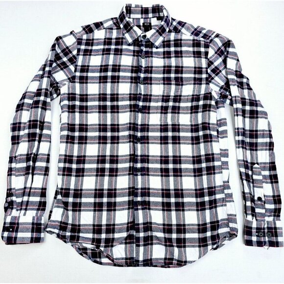 Uniqlo Size Small Men's White Black Red Check Long Sleeve Flannel Cotton Shirt - Picture 5 of 10